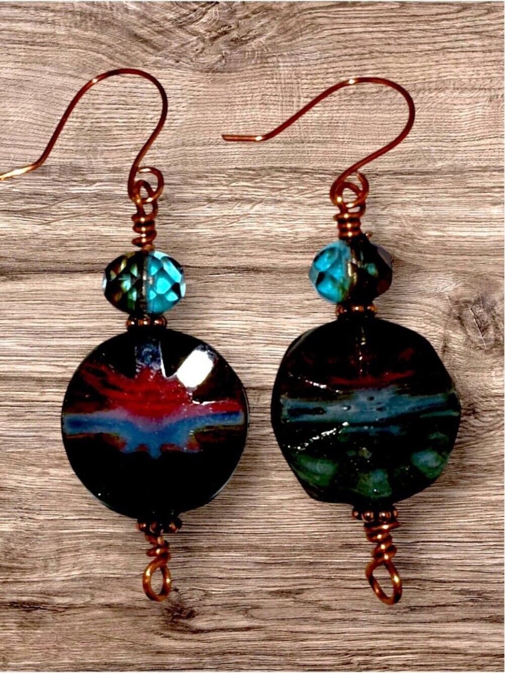 Boho Forest Sunrise Earrings Green Red Czech Glass Copper Dangle Beaded Artisan